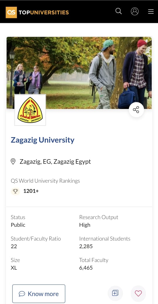 ظهور جامعة الزقازيق لأول مرة ضمن تصنيف QS World University Rankings
