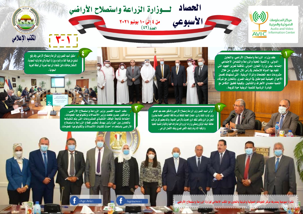 بالانفوجراف نشرة الحصاد الاسبوعي رقم ٤٢ لأنشطة "الزراعة" في الفترة من ٤ الى ١٠ يونيو