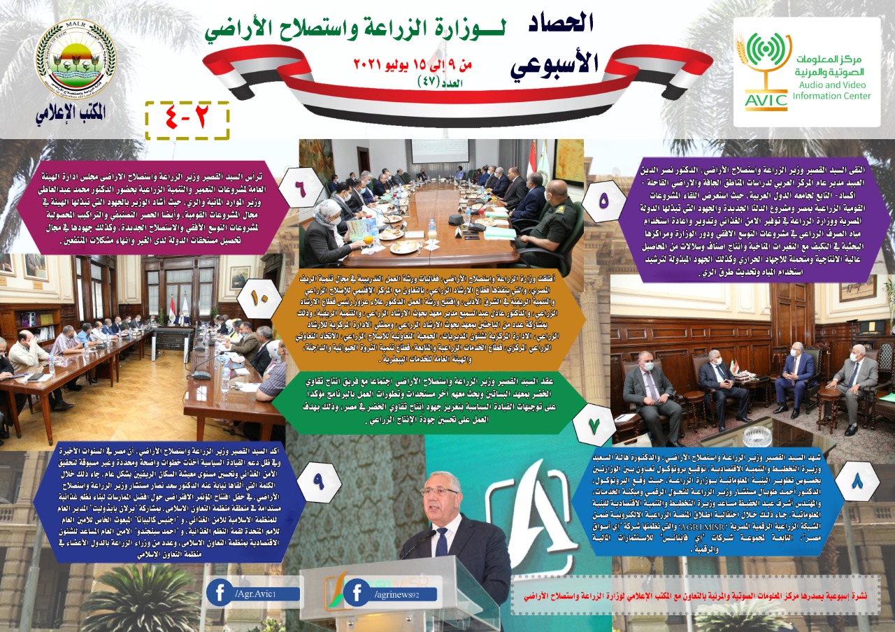 بالانفوجراف "الزراعة في اسبوع" نشرة الحصاد رقم ٤٧ لأنشطة الوزارة في الفترة من ٩ الى ١٥ يوليو