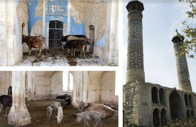 تدنيس باحات "المساجد" وهدم المنازل افعال وحشيه شهدها "اقليم كاراباخ"باذريبجان اثناء الاحتلال             