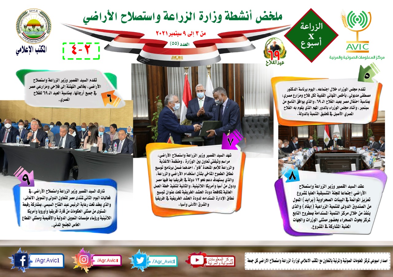 بالانفوجراف "الزراعة في اسبوع" نشرة الحصاد رقم ٥٥ لأنشطة الوزارة في الفترة من ٣ الى ٩ سبتمبر