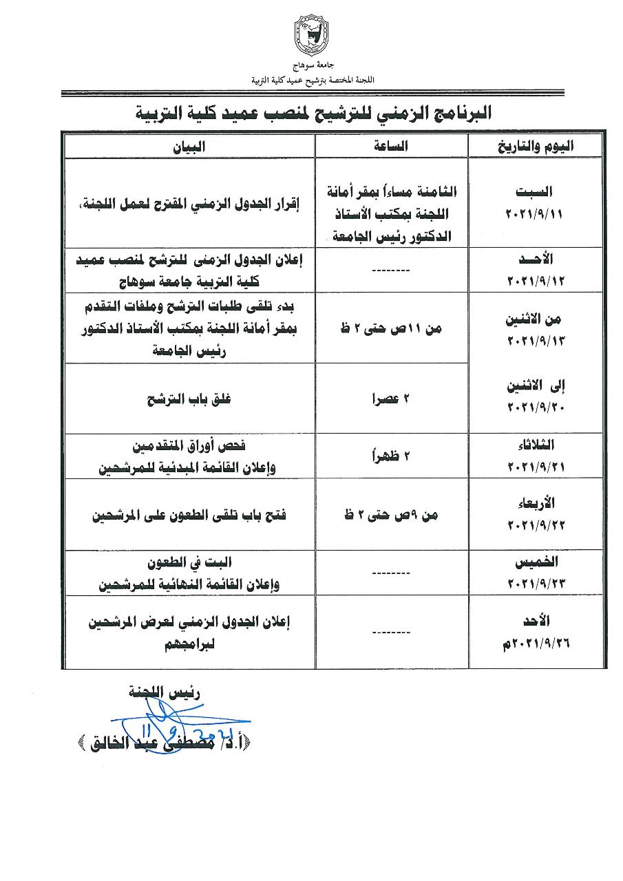 فتح باب الترشح لمنصب عميد كلية التربية بجامعة سوهاج