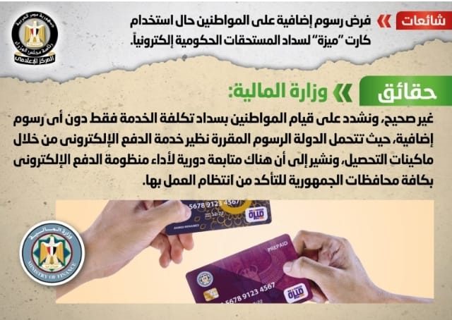 وزارة المالية تنفى فرض رسوم إضافية على المواطنين حال استخدام كارت "ميزة" لسداد المستحقات الحكومية إلكترونياً
