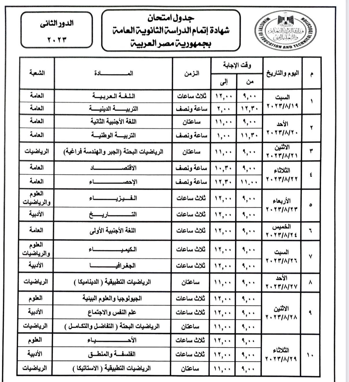 وزير التربية والتعليم يعتمد جدول امتحانات الدور الثاني لامتحانات الثانوية العامة ٢٠٢٢ / ٢٠٢٣ 