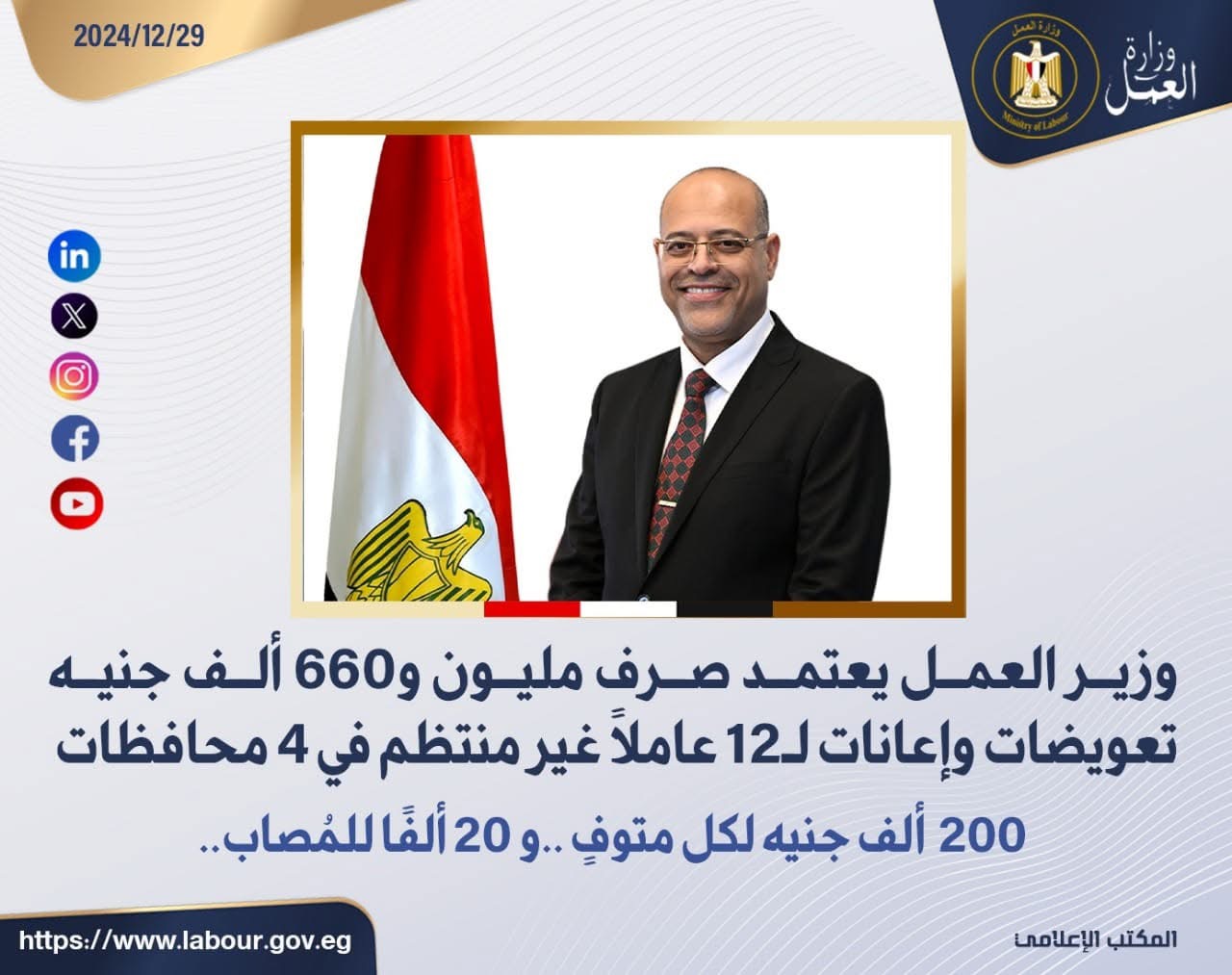 وزير العمل يعتمد صرف مليون و660 ألف جنيه تعويضات وإعانات لـ12 عاملًا غير منتظم في 4 محافظات