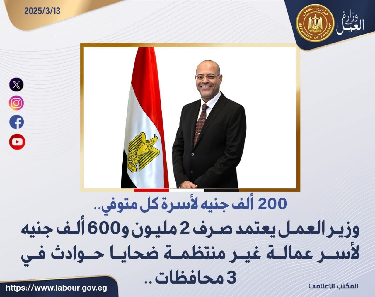 وزير العمل يعتمد صرف 2 مليون و600 ألف جنيه لأسر عمالة غير منتظمة ضحايا حوادث في 3 محافظات